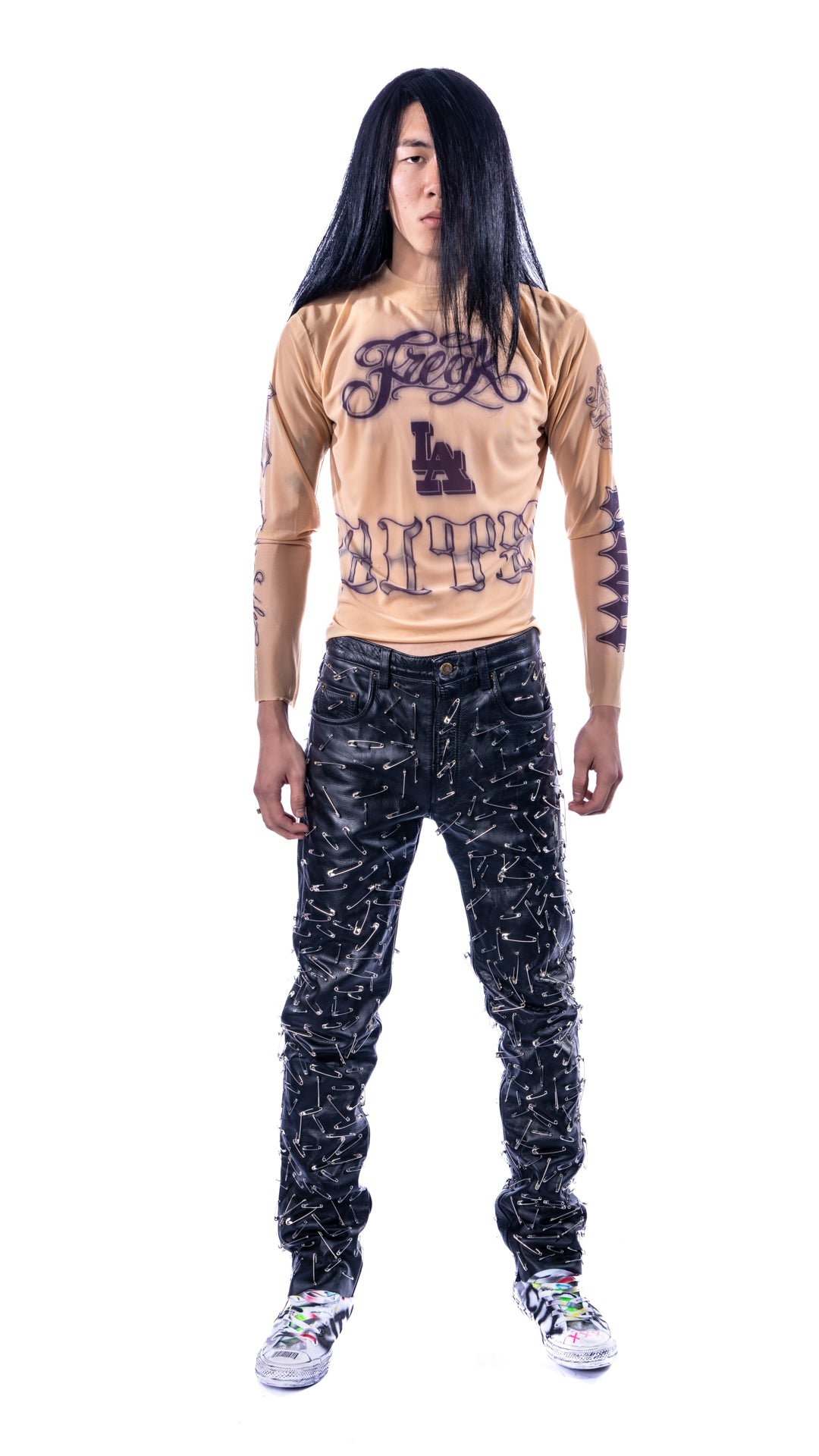 FREAK CITY LA MENS TATTOO Mesh Longsleeve + Safety Pin Leather Pants