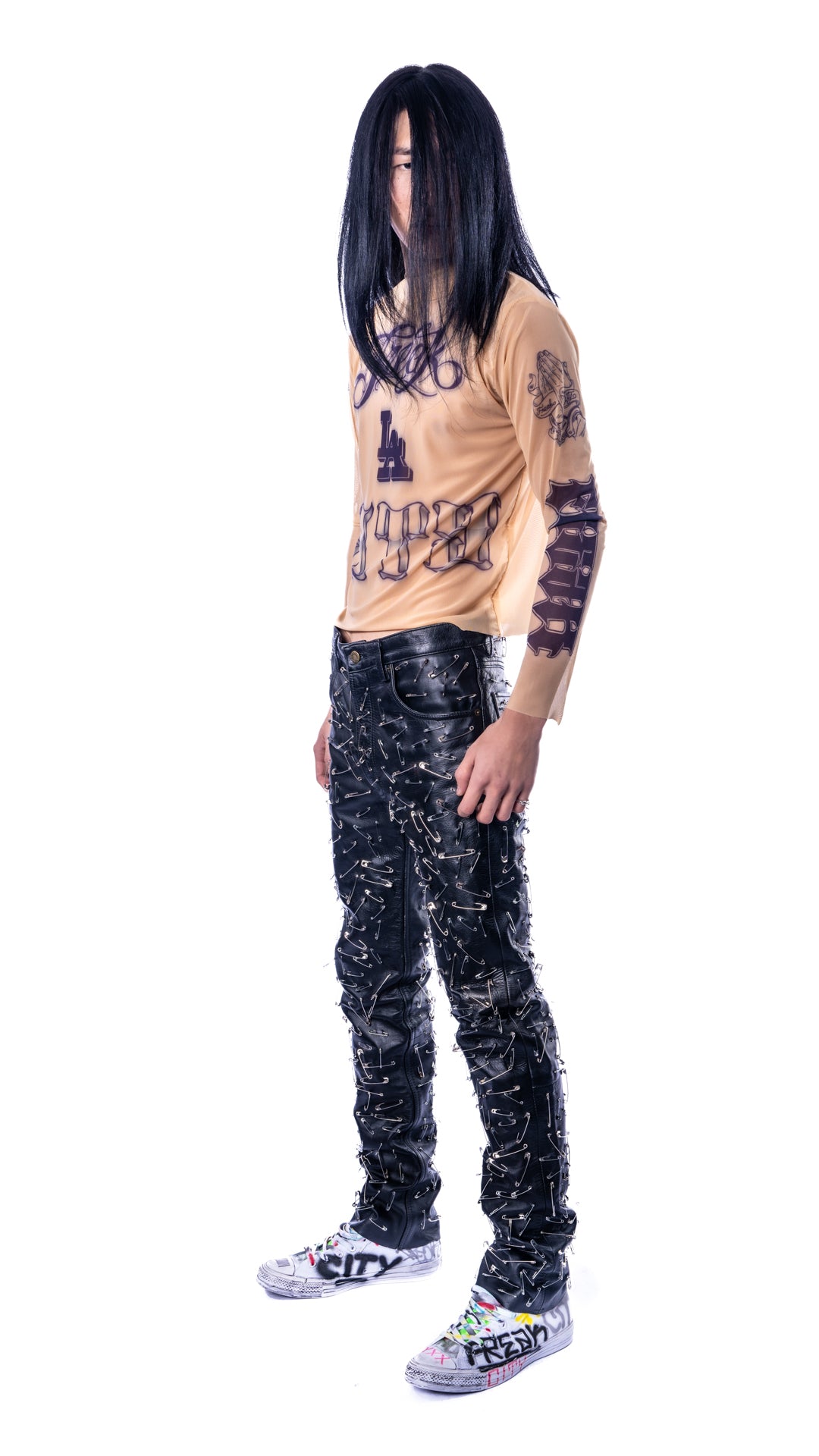 FREAK CITY LA MENS TATTOO Mesh Longsleeve + Safety Pin Leather Pants