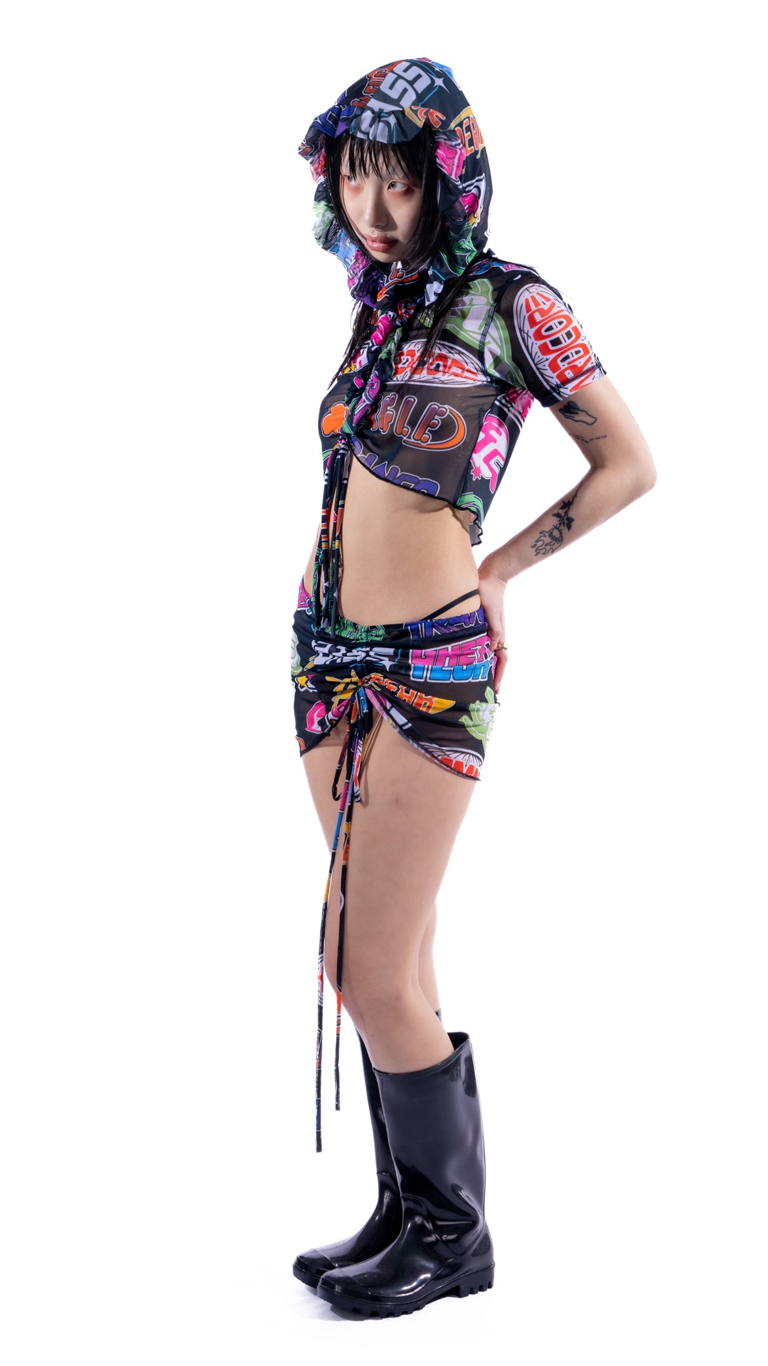 HARDCORE GHETTO TECH Ruched Mesh Micro Top, Mini Skirt & Rave Bonnet