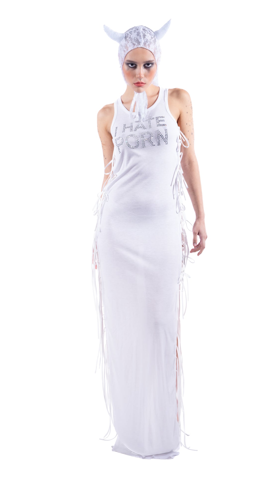I HATE PORN Sexy Sheer Ribbed Lace Up Dress & HORNY Lace Bonnet Durag