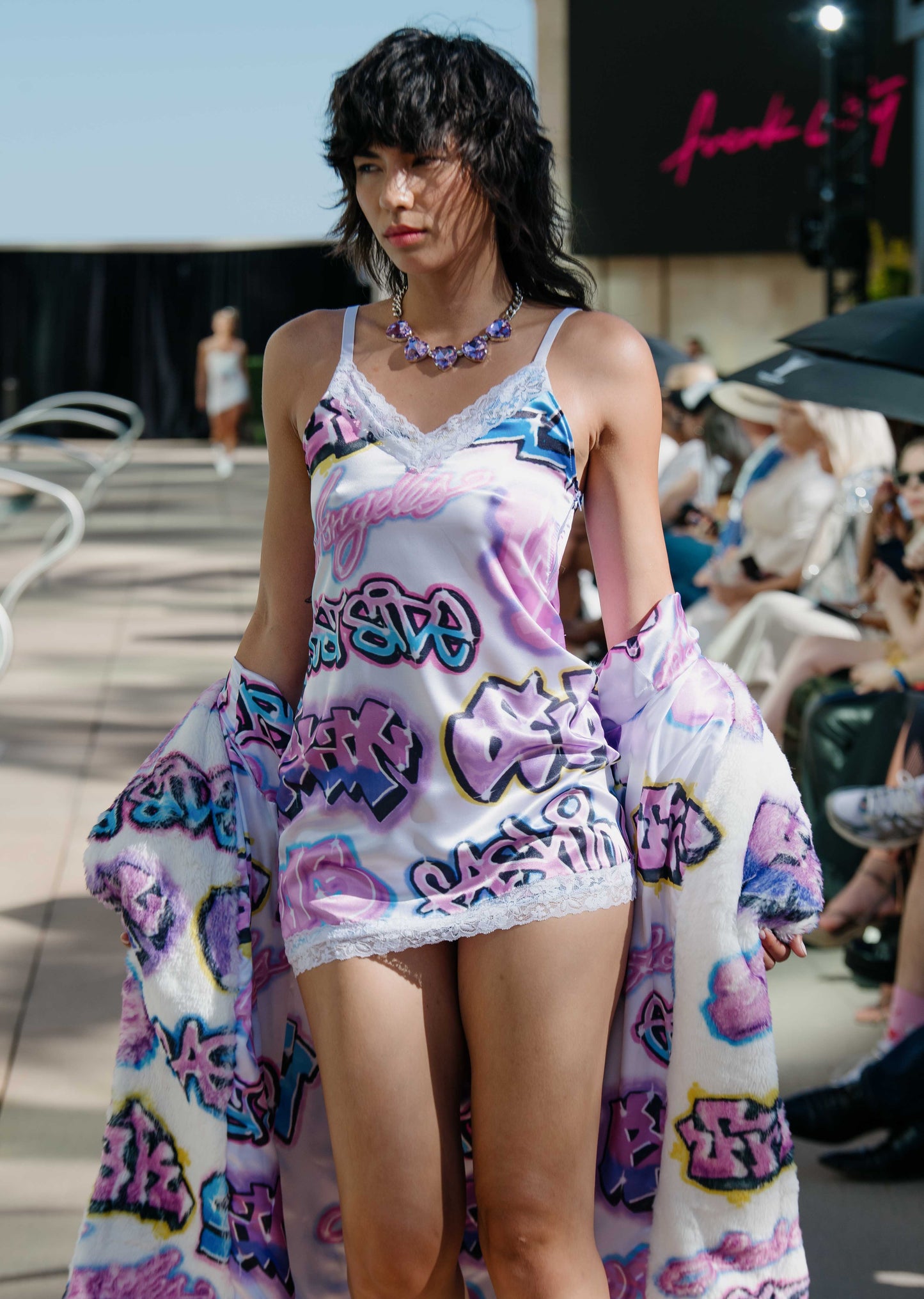 EAST SIDE GRAFFITI Slip Dress & Faux Fur Coat
