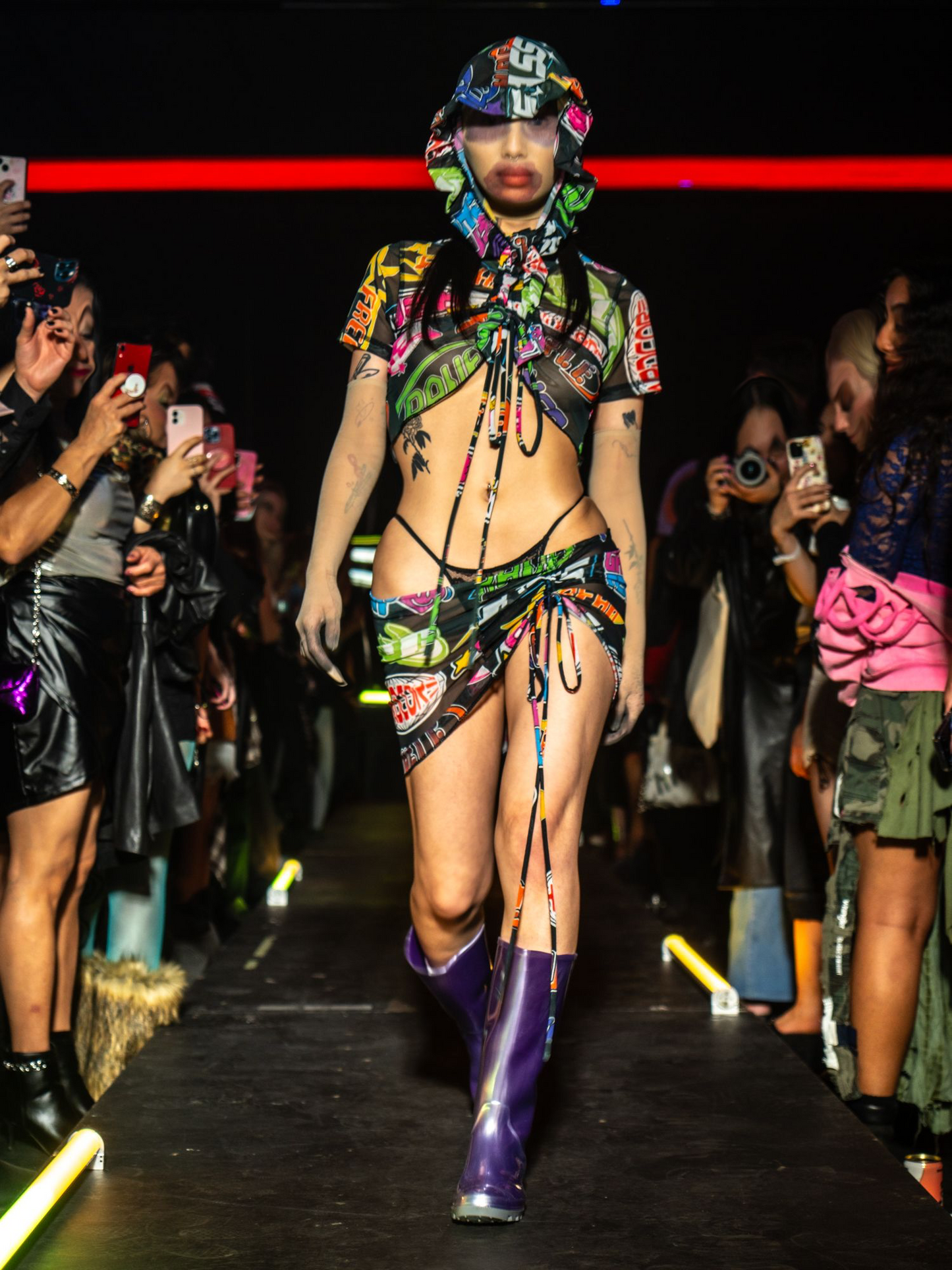 HARDCORE GHETTO TECH Ruched Mesh Micro Top, Mini Skirt & Rave Bonnet