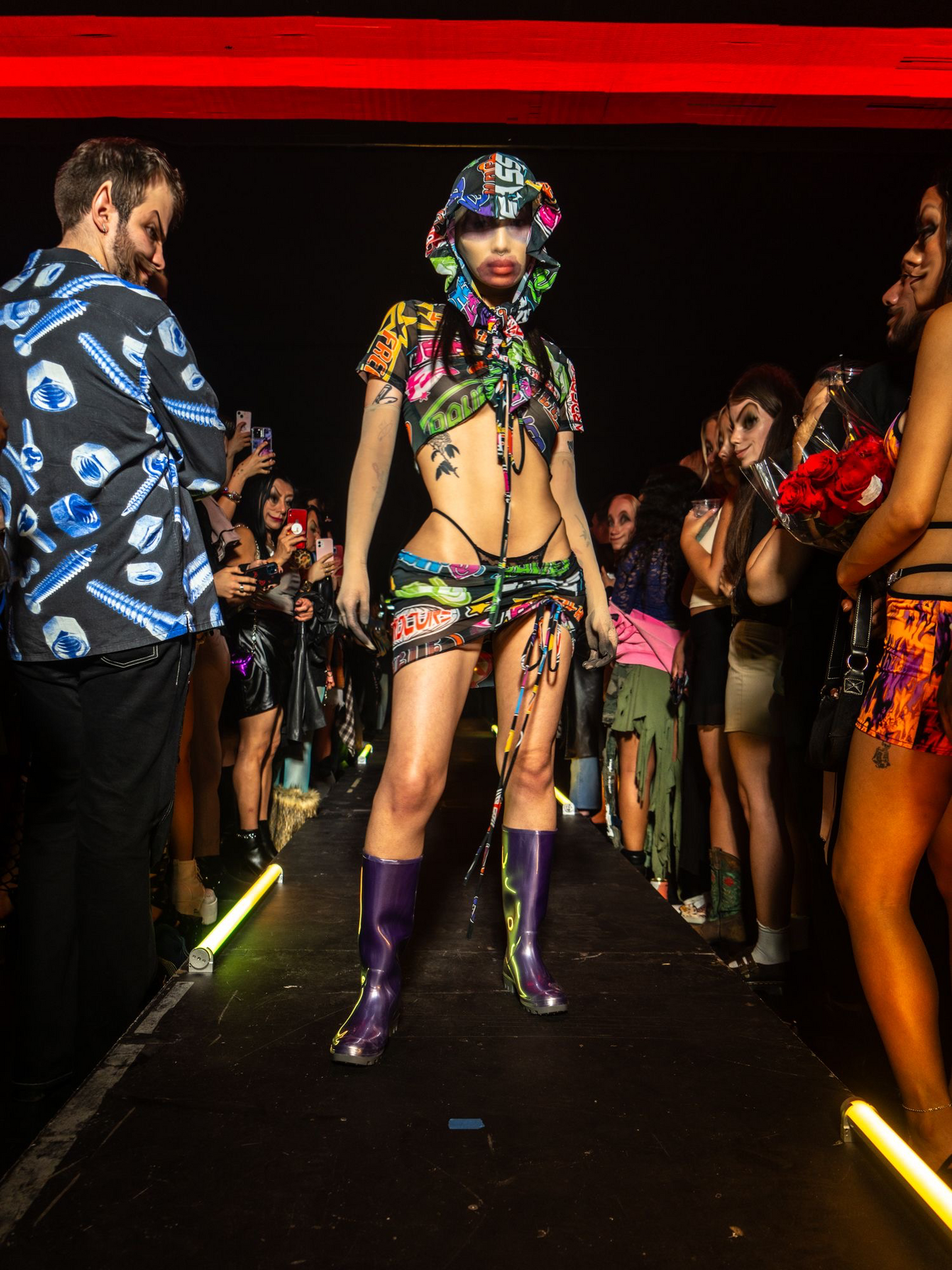 HARDCORE GHETTO TECH Ruched Mesh Micro Top, Mini Skirt & Rave Bonnet