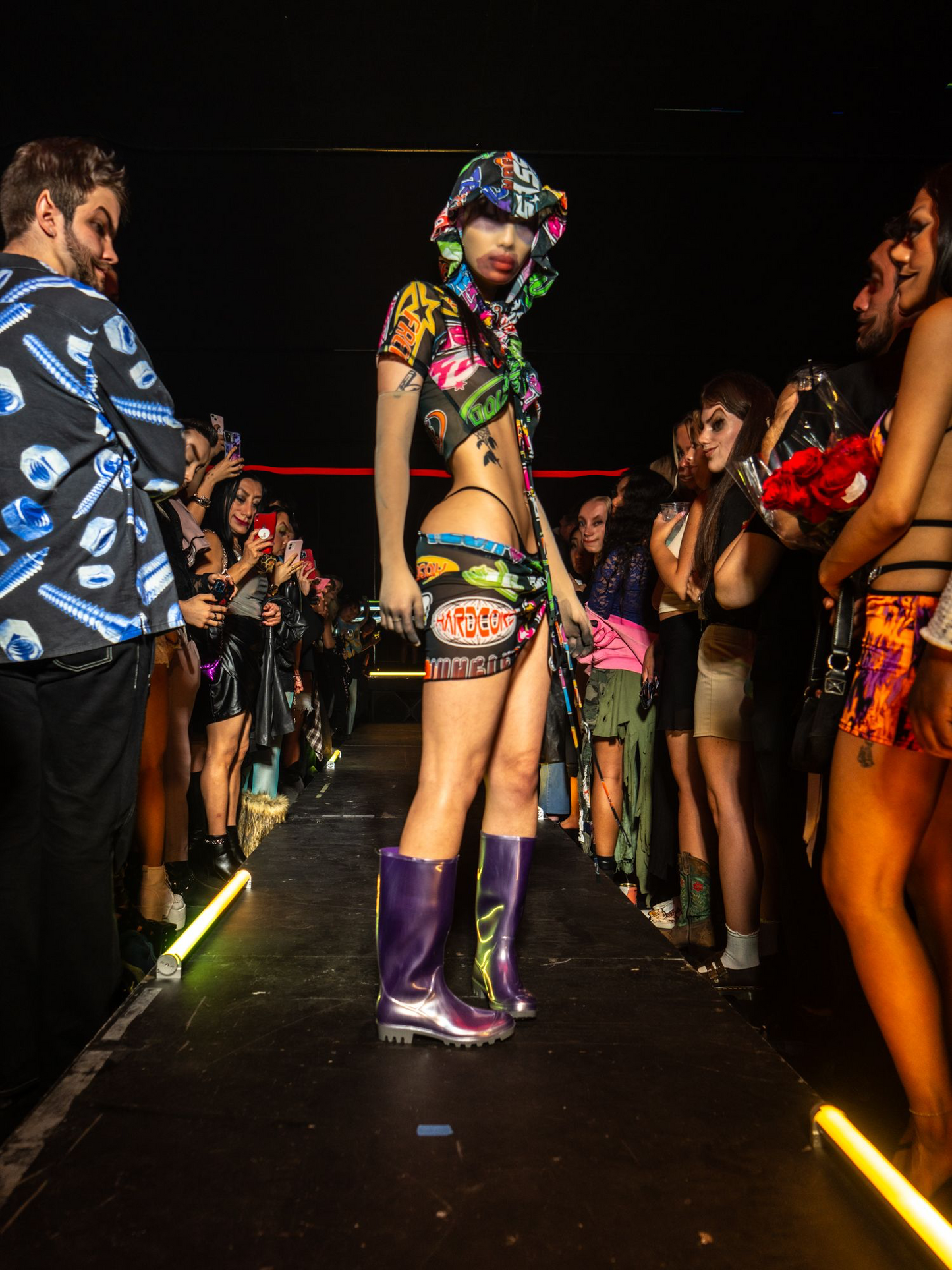 HARDCORE GHETTO TECH Ruched Mesh Micro Top, Mini Skirt & Rave Bonnet