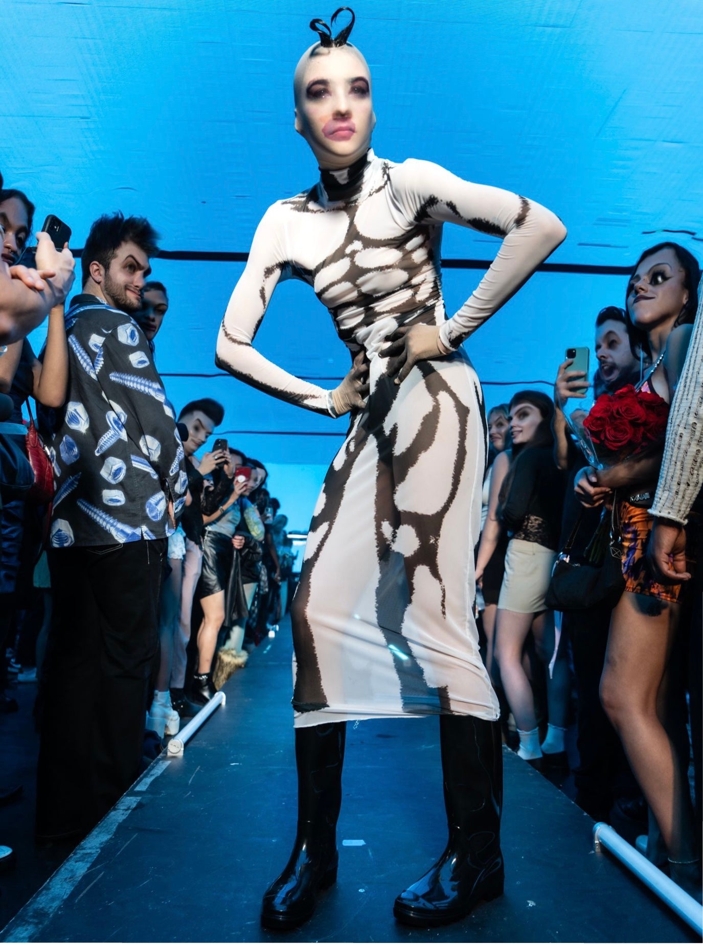 body mesh dress JEAN PAUL GAULTIER Body Dust asymmetric trompe l'oeil printed mesh midi dress