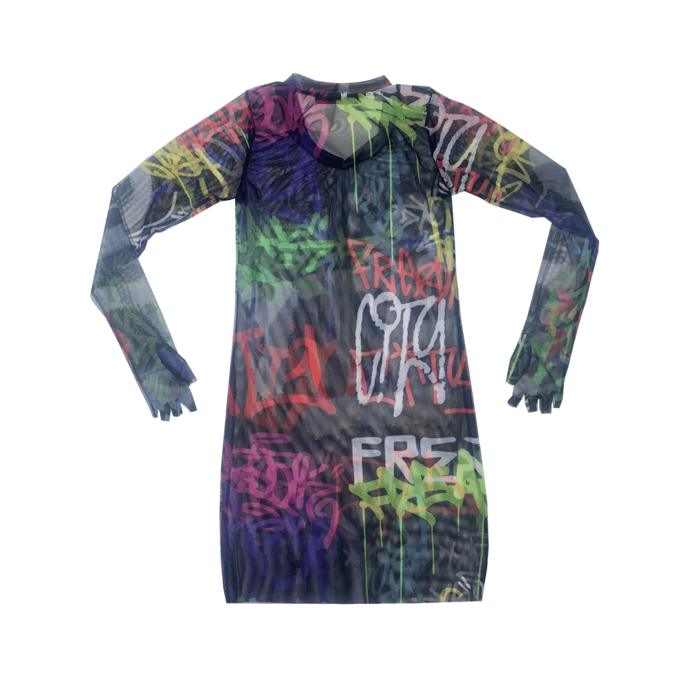 BLACK GRAFFITI MESH Fingerless Dress - Bralette