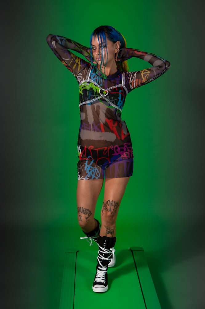 BLACK GRAFFITI MESH Fingerless Dress - Bralette