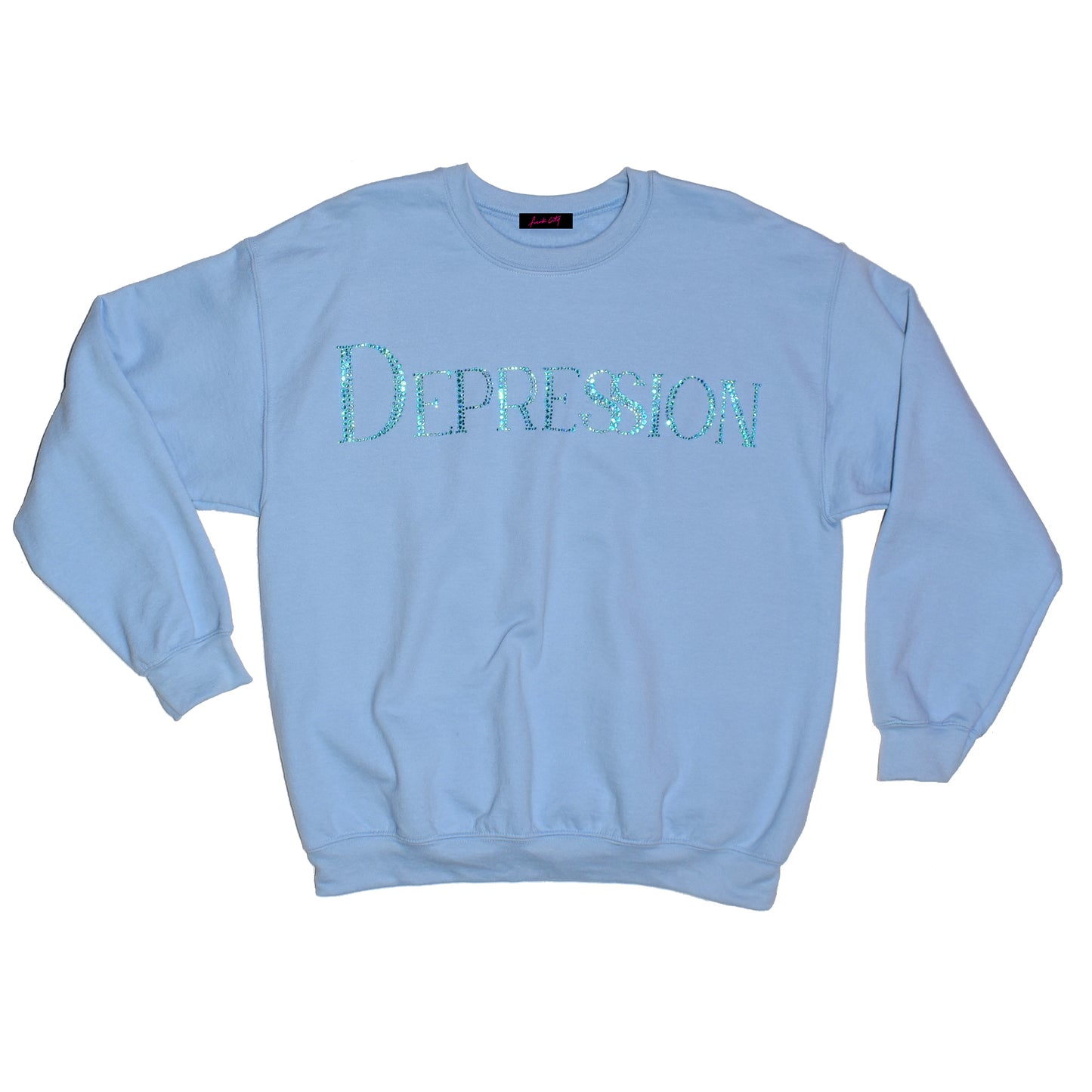 Rhinestone embellished "Depression" crewneck in baby blue