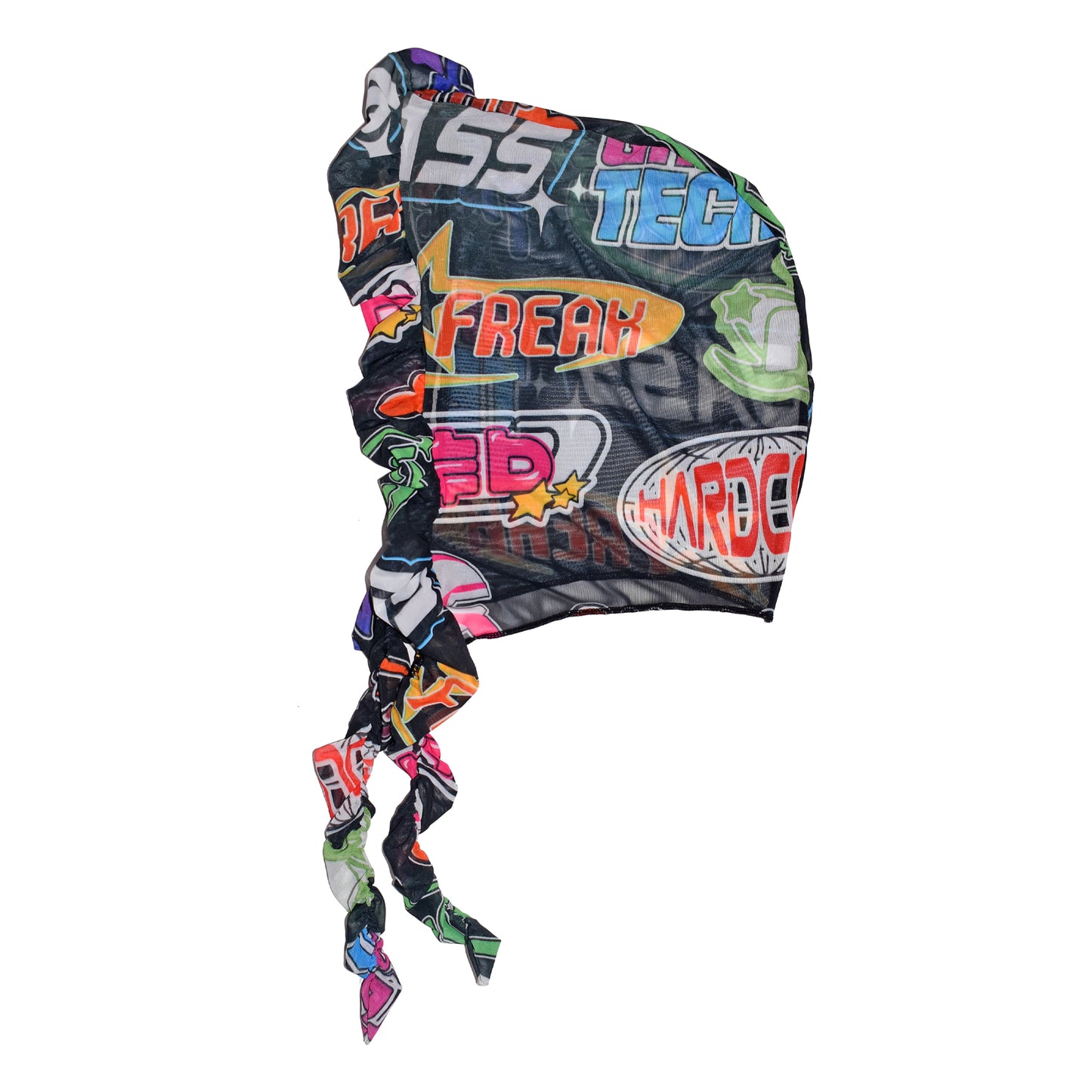 HARDCORE GHETTO TECH Ruched Mesh Micro Top, Mini Skirt & Rave Bonnet